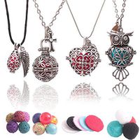 Aromatherapy Essential Oil Diffuser Necklaces: Premium Owl, Heart, Teardrop and Round Designs with Lava Rock, Cotton Beads and Pads.