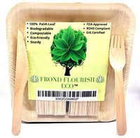 Biodegradable Bamboo Style Palm Leaf Plates With Wooden Utensils - 90 PC Set - 30 Square 8 Inch Compostable Plates, 30 Forks and 30 Knives - Eco-Friendly Disposable Dinnerware/Party Plates