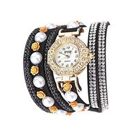 Sunhusing Women Vintage Shining Crystal Flowers Bracelet Dial Analog Quartz Wrist Exquisite Watch Jewelry(1 Black)