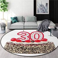 30Th Birthday Modern Washable Round Bath Mat,Birthday Cake with Cherries On The Top and Burning Candles Number 30 Print Non-Slip Bathroom Soft Floor Mat Home Decor Round-63 Inch,Multicolor