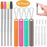 4Pack Reusable Portable Metal Straws, Fomuson Telescopic Foldable Stainless-Steel Drinking Straw with Case and Cleaning Brush Carabiner for Coffee Juice Smoothie Milkshake BPA Free