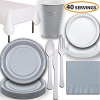 Disposable Party Supplies, Serves 40 - Silver and White - Large and Small Paper Plates, 12 oz Plastic Cups, Heavyweight Cutlery, Napkins, and Tablecloths. Full Two-Tone Tableware Set