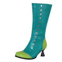 Kauneus Womens Round Toe Mid Heel Mid Calf Spliced Color Boots Zipper Studded Wedge Leather Vintage Knee High Boot Green