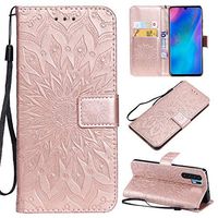 Cfrau Kickstand Wallet Case with Black Stylus for Huawei P30 Pro,Retro Mandala Sunflower PU Leather Magnetic Flip Folio Stand Soft Silicone Card Slots Case with Wrist Strap - Rose Gold