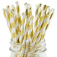 Paper Straws Gold Foil Striped Pattern - Eco Friendly Wedding Straws - Dozens of Designs & Perfect For Any Party! Frozen Dessert Supplies - 25 Count