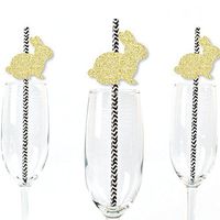 Gold Glitter Bunnies Party Straws - No-Mess Real Gold Glitter Cut-Outs & Decorative Easter Paper Straws - Set of 24