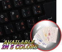 SPANISH (LATIN AMERICAN) KEYBOARD STICKERS WITH ORANGE LETTERING ON TRANSPARENT BACKGROUND