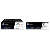 HP 128A (CF371AM) Cyan, Magenta & Yellow Original Laserjet Toner Cartridges, 3 Pack and HP 128A (CE320A) Black Original Laserjet Toner Cartridge Bundle