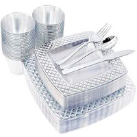 NERVURE 150PCS Clear with Silver Square Plastic Plates & Silverware Set：25 Dinner Plates 9.5", 25 Dessert Plates 7.6", 25 Cups 9 Oz, 25 Forks, 25 Knives, 25 Spoons.