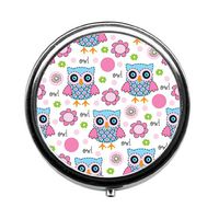 Girly Owls Flowers Pill Box/Pill case-Round Pill Box/case- Three-Compartment Pill Box/Pill case