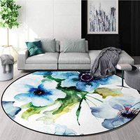 Art Modern Machine Round Bath Mat,Summer Flowers Essence Growth Fragrance Petals Watercolor Bouquet Artistic Image Non-Slip No-Shedding Kitchen Soft Floor Mat Round-59 Inch,Blue Forest Green