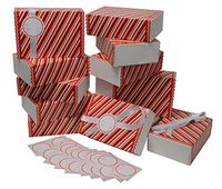 Christmas Cookie gift boxes with ribbon and sticker; white rectangle box with red and white striped sleeve, scalloped edges, Holiday design (Set of 12)