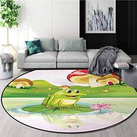 Animal Modern Machine Washable Round Bath Mat,Illustration Of Cute Frog On Water Lily With Mushrooms On The Background Nature Lake Non-Slip Living Room Soft Floor Mat Diameter-55 Inch,Multicolor