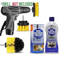 Bar Keepers Friend Cooktop/Glass Stove Top Liquid Cleaner kit & BKF Cookware Powdered Cleanser & Drill Brush Power Scrubber Attachment Scrub Brushes Set for Heavy Duty Cleaning.
