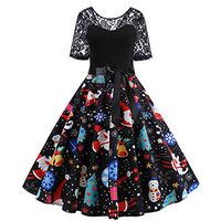 QIUUE 2020 Christmas Print Vintage Dress Lace Stitching Print Short Sleeve Dress Retro Flare Dress S~3XL Black