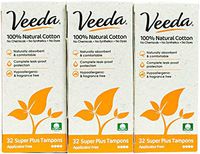 Veeda 100% Natural Cotton Applicator Free Tampons Super Absorbent Comfort Digital Super Plus Tampons Chlorine Toxin and Pesticide free, 3 Packs of 32 Count Each
