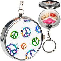 Portable Metal Pill Organizer Keychain Case Stash Box with 3 Compartments for Medicine Vitamin (Peace Symbol)