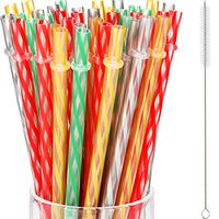 Jovitec 60 Pieces Christmas Straws Plastic Reusable Straw with Straw Cleaning Brush for Christmas Party Family Supply, 9 Inches (Christmas Color)