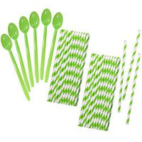 Lime Green Plastic Sundae Soda Spoons - 8 Inch - Lime Striped Paper Straws - 50 Each