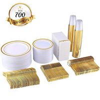 700 Piece Gold Dinnerware Set-200 White and Gold Plastic Plates-Set of 300 Gold Plastic Silverware-100 Gold Plastic Cups-100 Disposable Hand Towel- Disposable Gold Dinnerware Set for Party…
