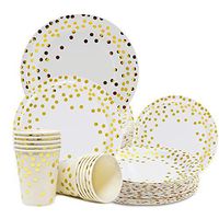 Easably 150 Gold dot disposable paper plates set: 50 dinner plates, 50 dessert plates, 50 cups 9oz for wedding, birthday, anniversary, bridal baby shower, NewYear, Thanksgiving, Christmas 6FREE pieces