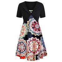 Womens Floral Print Midi Dresses Sleeves Bow Knot Bandage Suit Summer Casual Cover Up Vintage Straps Mini A-Line Tshirt Dress Loose Swing Flowy Pleated Floral Sun Dress