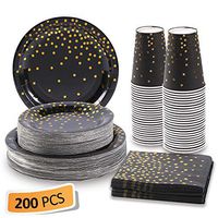 Black and Gold Party Supplies 200Pcs Disposable Paper Plate Cup Napkin Set Includes 9"Paper Plates, 7"Paper Plates, 12oz Cups and Napkins, for Graduation, Birthday and Cocktail Party, Serves 50