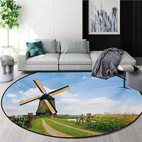 Windmill Non-Slip Area Rug Pad Round,Blooming Spring Field In Holland Old Traditional Architecture Protect Floors While Securing Rug Making Vacuuming,Diameter-51 Inch Green Pale Blue And Apricot