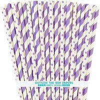 Lavender Lilac White Paper Straws - Stripe Polka Dot - 7.75 inches - 100 Pack - Outside The Box Papers Brand
