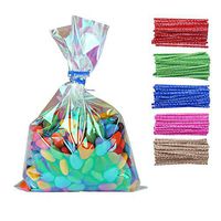 100 Pcs 4 in x 6 in Iridescent Holographic Cellophane Party Favor Treat Bags with Twist Ties for Themed Celebrations Baby Showers Weddings Girls Birthday or Any Parties and Events