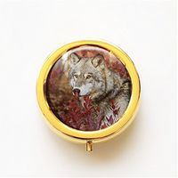 RhyNSky Animal Wolf Mini Portable Pocket Pill Box Case Holder for Purse, 3 Compartments, Gold, FG28