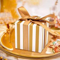 Fascola 50pcs Gold Favor Boxes, Stripes Design Candy Treat Gift Boxes with Stain Ribbon for Bridal Shower Baby Shower Wedding Birthday Party (Gold)