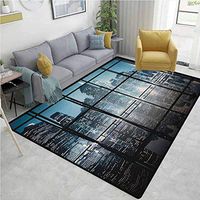Modern Bordered Area Rugs, Modern New York City Scenery at Night with Skyscrapers Buildings Print, Durable Carpet Area rug - Living Dinning Room Bedroom Rugs and Carpets(3'x 8') Black and Dark Blue