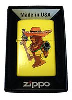 Zippo Custom Lighter - Sexy Big Boobs Sombraro Babe w/Guns Lemon Yellow Matte