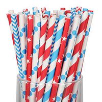 200 Pieces Patriotic Theme Paper Straws Biodegradable Drinking Straws Red and Blue Stripe Dot Paper Straws for Memorial Day 4th of July Independence Day
