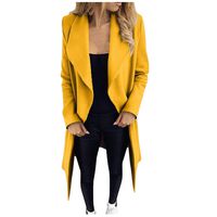 Dainzuy Women's Lapel Wool Blend Coat Long Sleeve Belted Trench Overcoat Open Front Cardigan with Pockets Yellow