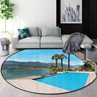 House Decor Collection Computer Chair Floor Mat,Modern House Beautiful Patio With Pool Outdoor Wooden Deck Timber Residence Photo Print Printed Round Carpet For Children Bedroom Play Tent Aqua Green