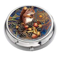 Round Pill Box - Compact 3 Compartment Medicine Case, Pill Box Pocket Purse (Vintage Blue Mandala Gear Squirrel) Retro Circular