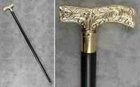 WALKING STICK CANE - POLISHED BRASS DERBY HANDLE BLACK HARDWOOD 37 " Tall