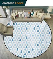 RUGSMAT Blue and White Art Deco Pattern Non-Slip Washable Round Area Rug,Minimalist Rain Drops Motive Intones Tears of Earth Air Gravity Image Art Foam Mat Living Room Decor,Round-63 Inch