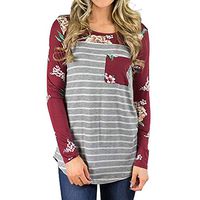 HNTDG Women's Autumn Long Sleeve O Neck with Pocket Floral Printed Stripe Casual Sweatshirts Blouse Tops Red