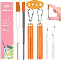 2 Pack Reusable Portable Metal Straws, Fomuson Telescopic Foldable Stainless-Steel Drinking Straw with Case and Cleaning Brush Carabiner for Coffee Juice Smoothie Milkshake BPA Free (Orange)