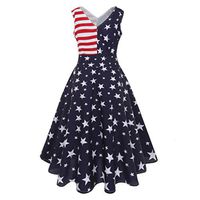 Fanteecy Womens Vintage American Flag Sleeveless V Neck Flare Evening Party Prom Swing Midi Dress (M, Blue)