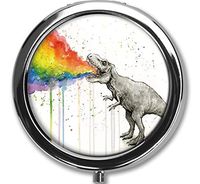 Dinosaur Squirting a Rainbow Design New Silver Round Pill Box Decorative Metal Medicine Vitamin Organizer Unique Gift,No Separation, an Entire Storage Space