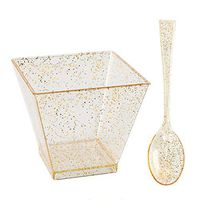 200 Pieces Plastic Dessert Cups with Mini Spoons Gold Glitter, Premium Quality, Includes 100 Pieces Small Disposable Square Cups 2 Oz and 100 Pieces Gold Mini Spoons