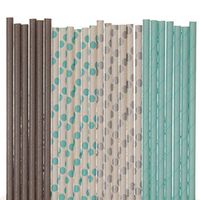 Aqua Blue and Grey Paper Straw Mix - Polka Dot, Solid, Robins Egg Blue (100)