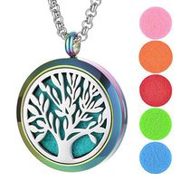 Garden Charms Aromatherapy Essential Oil Diffuser Necklace - Stainless Steel Tree of Life Round Locket Pendant with 5pcs Felt Pads (Tree of Life)