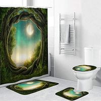 Naiflowers 4 Piece Non-Slip Bathroom Toilet Rug Mats pad & Rug Contour& Shower Curtain with Hooks & Lid Cover, Entryway Kitchen Washable Bath Shower Curtain Carpet,Tree