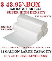 Trash Bags, 33 Gallon - (250 Count\Box) (Clear) Super High Density Rolls (Heavy Duty Can Liners, Garbage Bags) (Wholesale Quantity)
