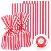 ADIDO EVA 200 Packs Red Cellophane Bags Striped Cookie Bags with Ties for Treat Sweets Candy Snack Wrapping Party Favor Bags Supplies (8 x 5.5 x 2 inches Red Striped)